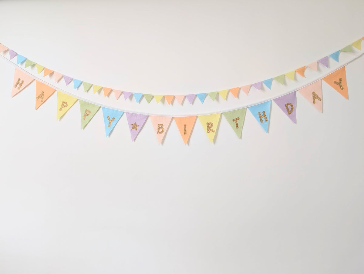 Felt Pastel Rainbow Happy Birthday Bunting - Larger Size with Sparkly Gold Lettering (Can Be Customised)