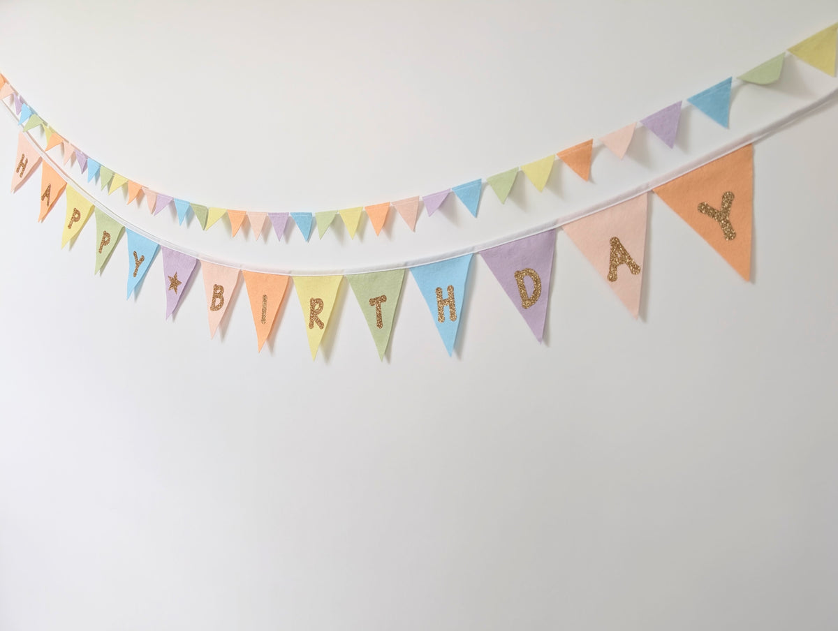 Felt Pastel Rainbow Happy Birthday Bunting - Larger Size with Sparkly Gold Lettering (Can Be Customised)