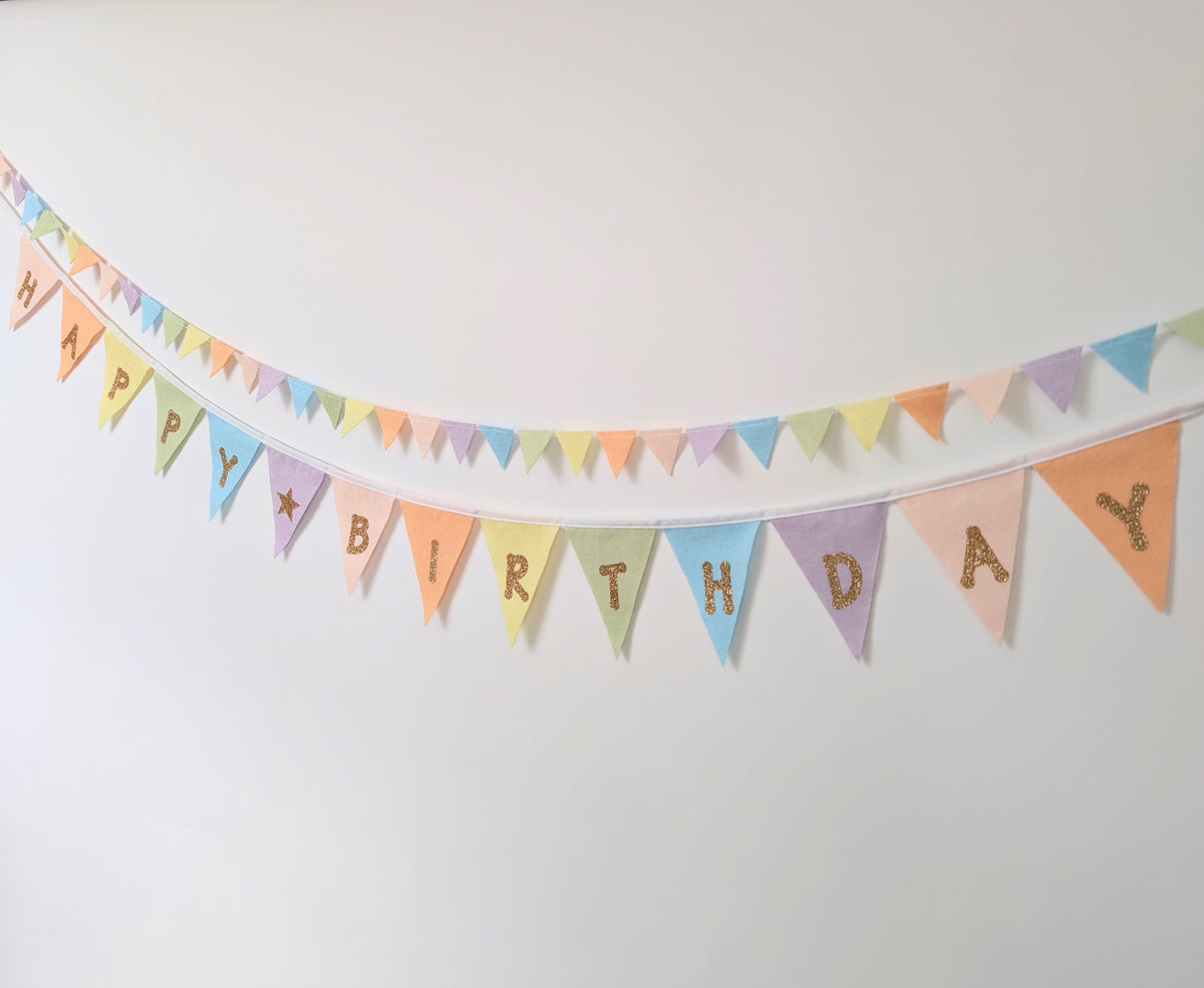 Felt Pastel Rainbow Happy Birthday Bunting - Larger Size with Sparkly Gold Lettering (Can Be Customised)