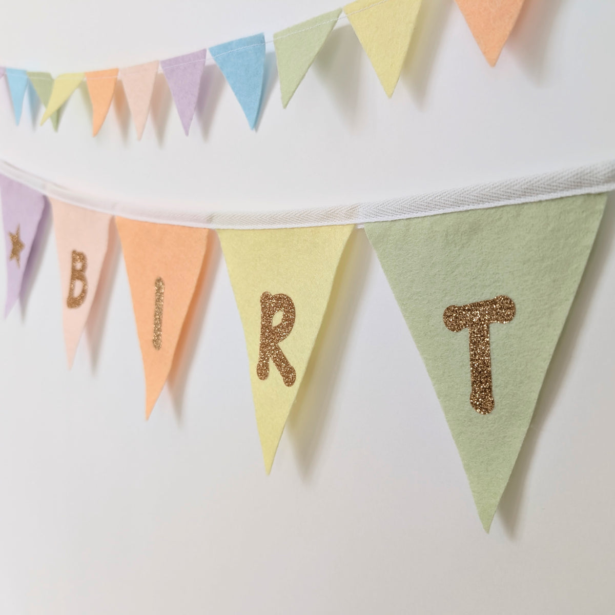 Felt Pastel Rainbow Happy Birthday Bunting - Larger Size with Sparkly Gold Lettering (Can Be Customised)