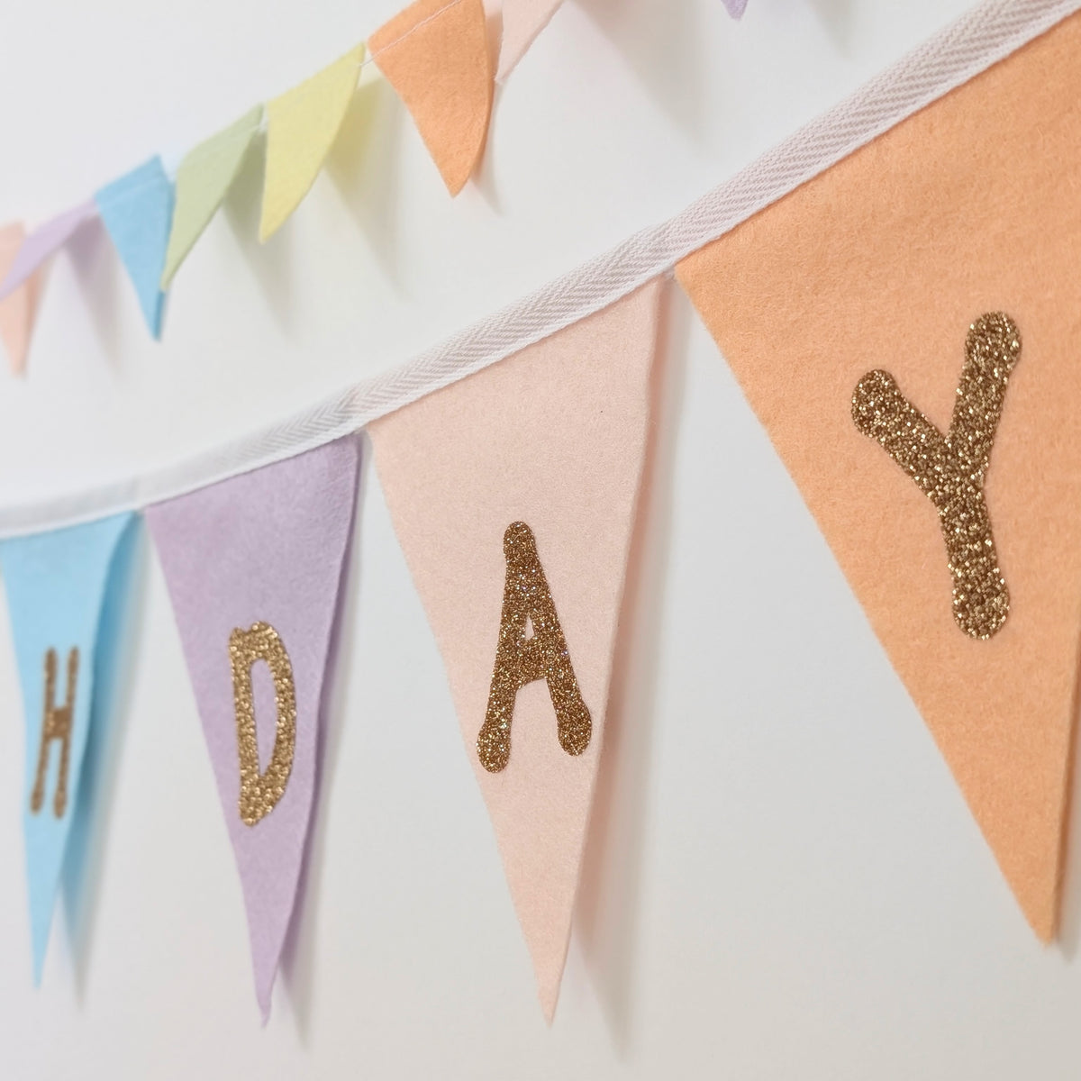 Felt Pastel Rainbow Happy Birthday Bunting - Larger Size with Sparkly Gold Lettering (Can Be Customised)