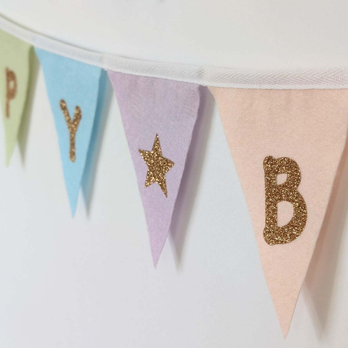 Felt Pastel Rainbow Happy Birthday Bunting - Larger Size with Sparkly Gold Lettering (Can Be Customised)
