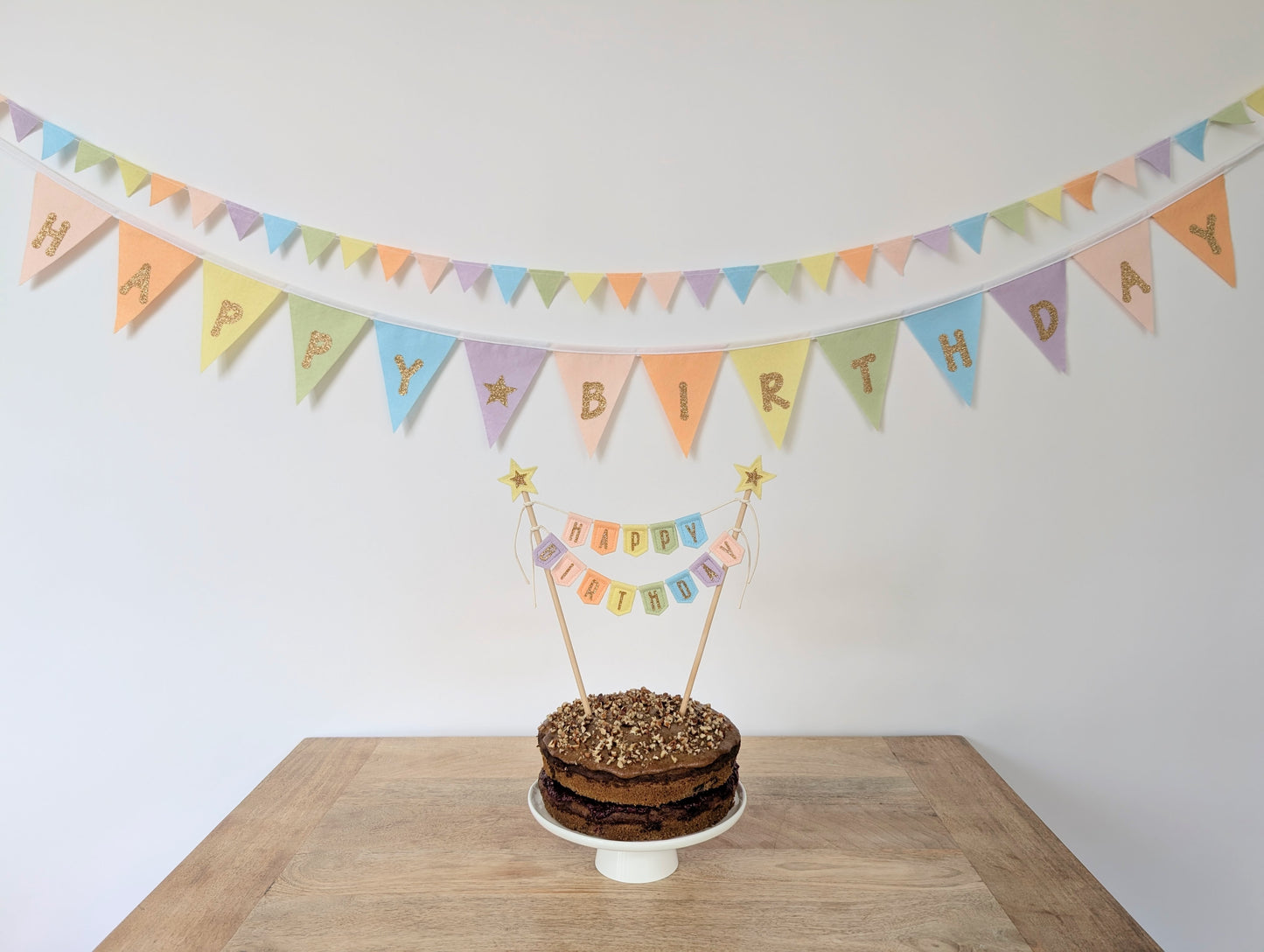Handmade felt happy birthday pastel rainbow cake topper bunting