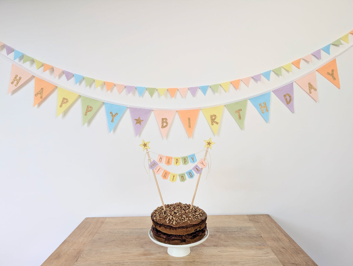 Felt Pastel Rainbow Happy Birthday Bunting - Larger Size with Sparkly Gold Lettering (Can Be Customised)