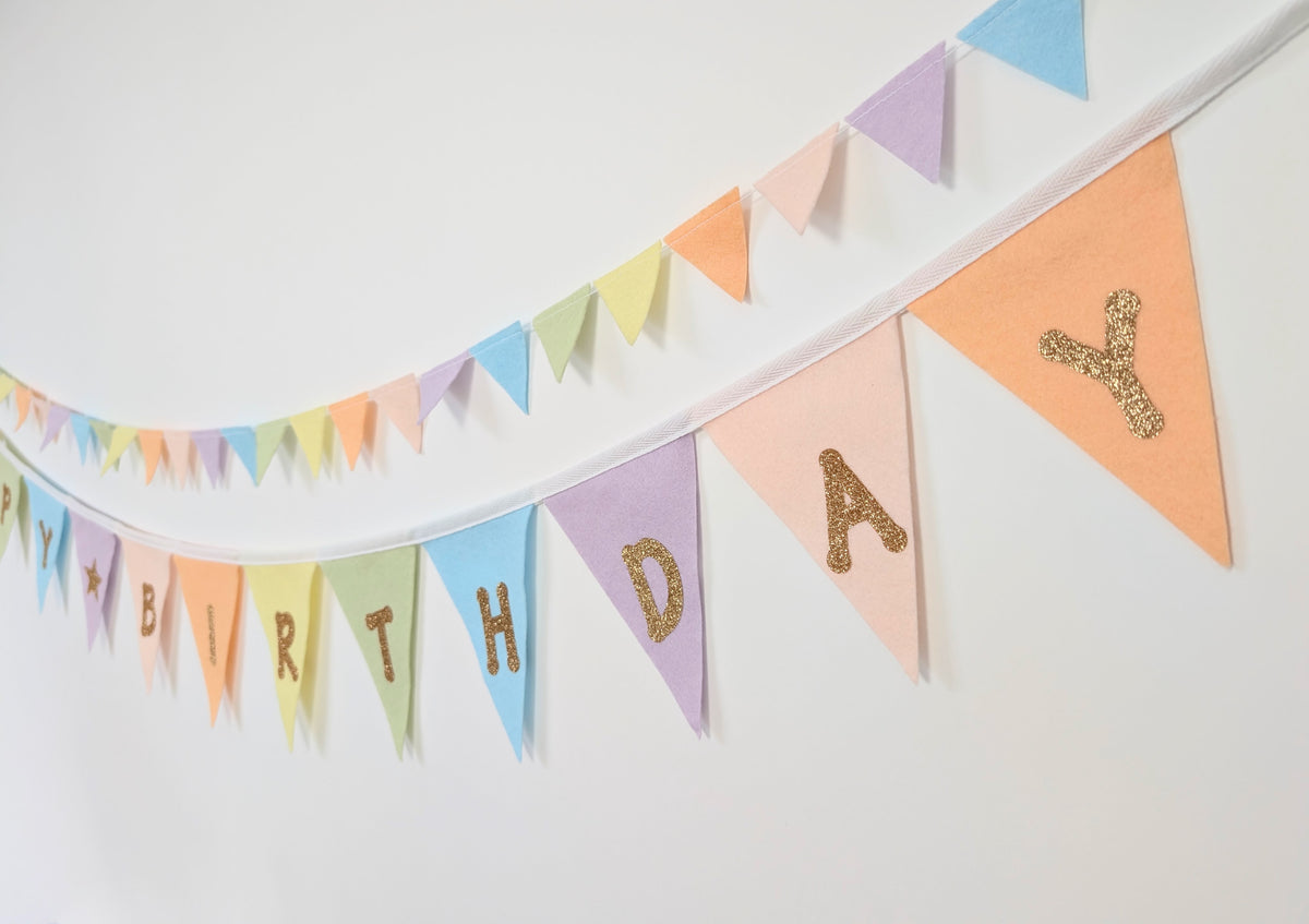 Felt Pastel Rainbow Happy Birthday Bunting - Larger Size with Sparkly Gold Lettering (Can Be Customised)