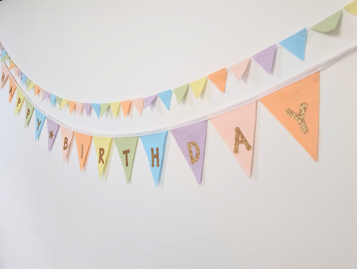 Felt Pastel Rainbow Happy Birthday Bunting - Larger Size with Sparkly Gold Lettering (Can Be Customised)