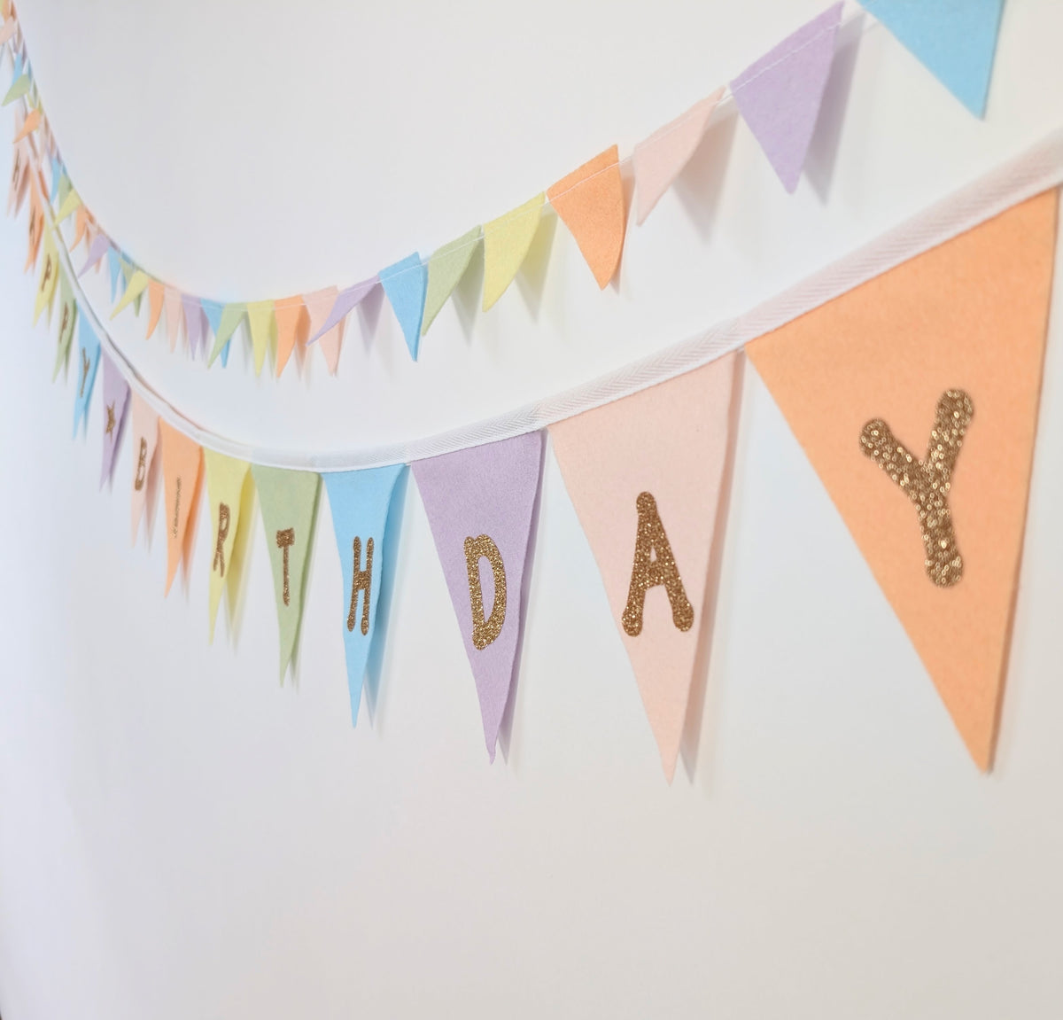 Felt Pastel Rainbow Happy Birthday Bunting - Larger Size with Sparkly Gold Lettering (Can Be Customised)