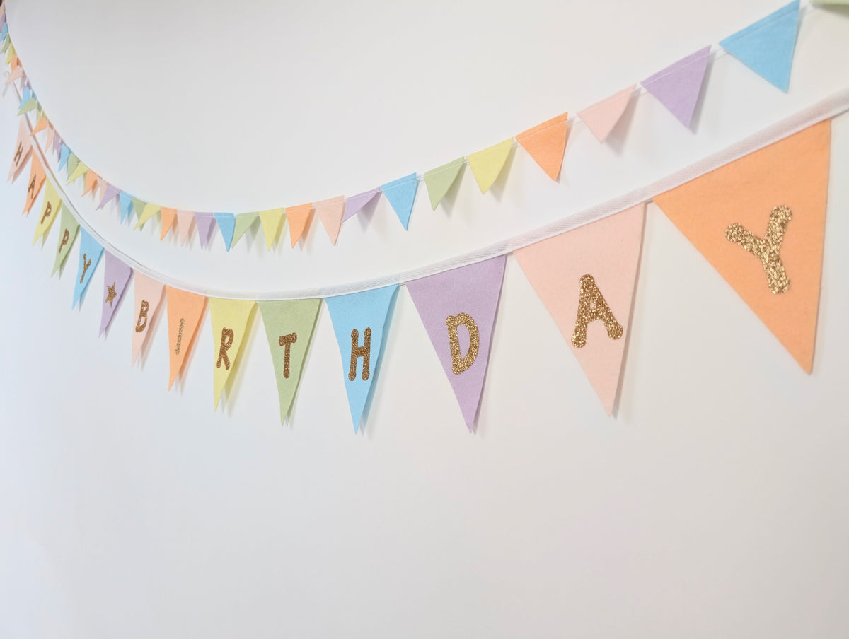 Felt Pastel Rainbow Happy Birthday Bunting - Larger Size with Sparkly Gold Lettering (Can Be Customised)