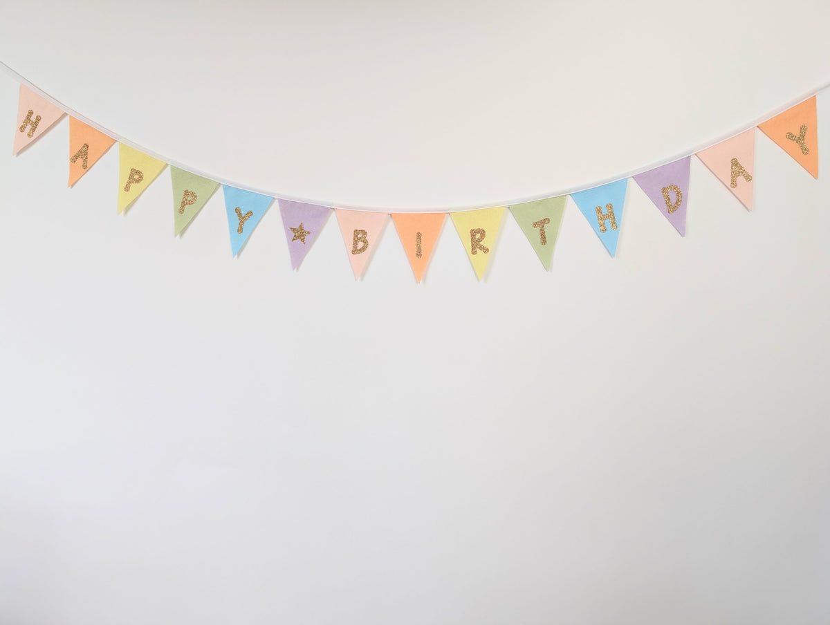 Felt Pastel Rainbow Happy Birthday Bunting - Larger Size with Sparkly Gold Lettering (Can Be Customised)