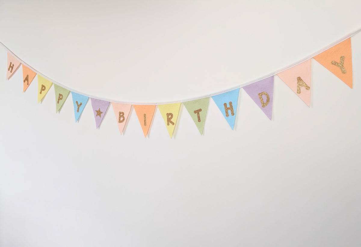 Felt Pastel Rainbow Happy Birthday Bunting - Larger Size with Sparkly Gold Lettering (Can Be Customised)