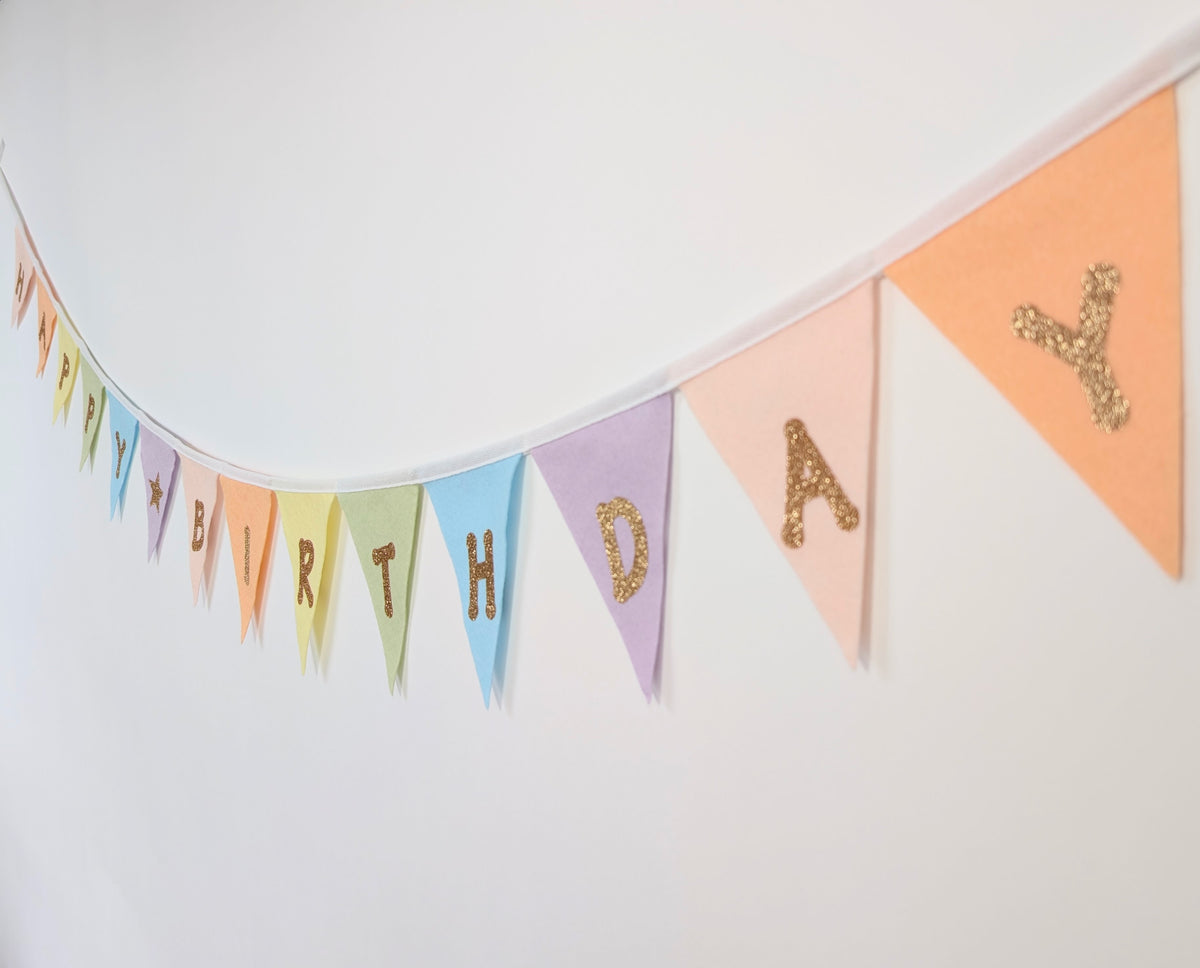 Felt Pastel Rainbow Happy Birthday Bunting - Larger Size with Sparkly Gold Lettering (Can Be Customised)