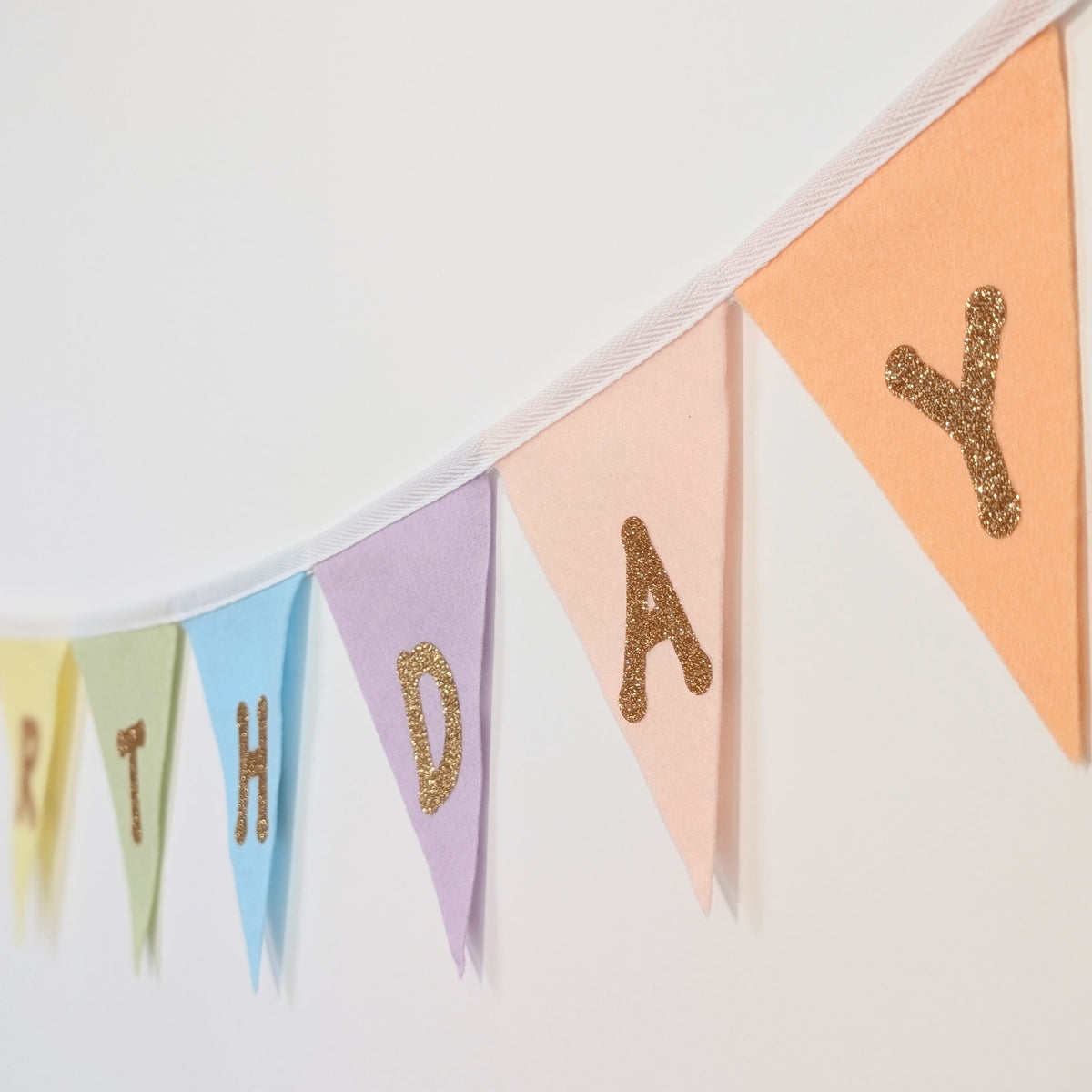 Felt Pastel Rainbow Happy Birthday Bunting - Larger Size with Sparkly Gold Lettering (Can Be Customised)