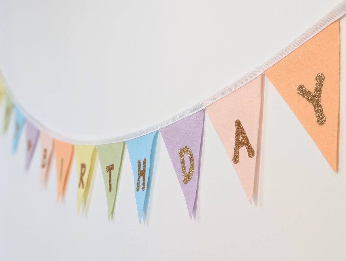 Felt Pastel Rainbow Happy Birthday Bunting - Larger Size with Sparkly Gold Lettering (Can Be Customised)