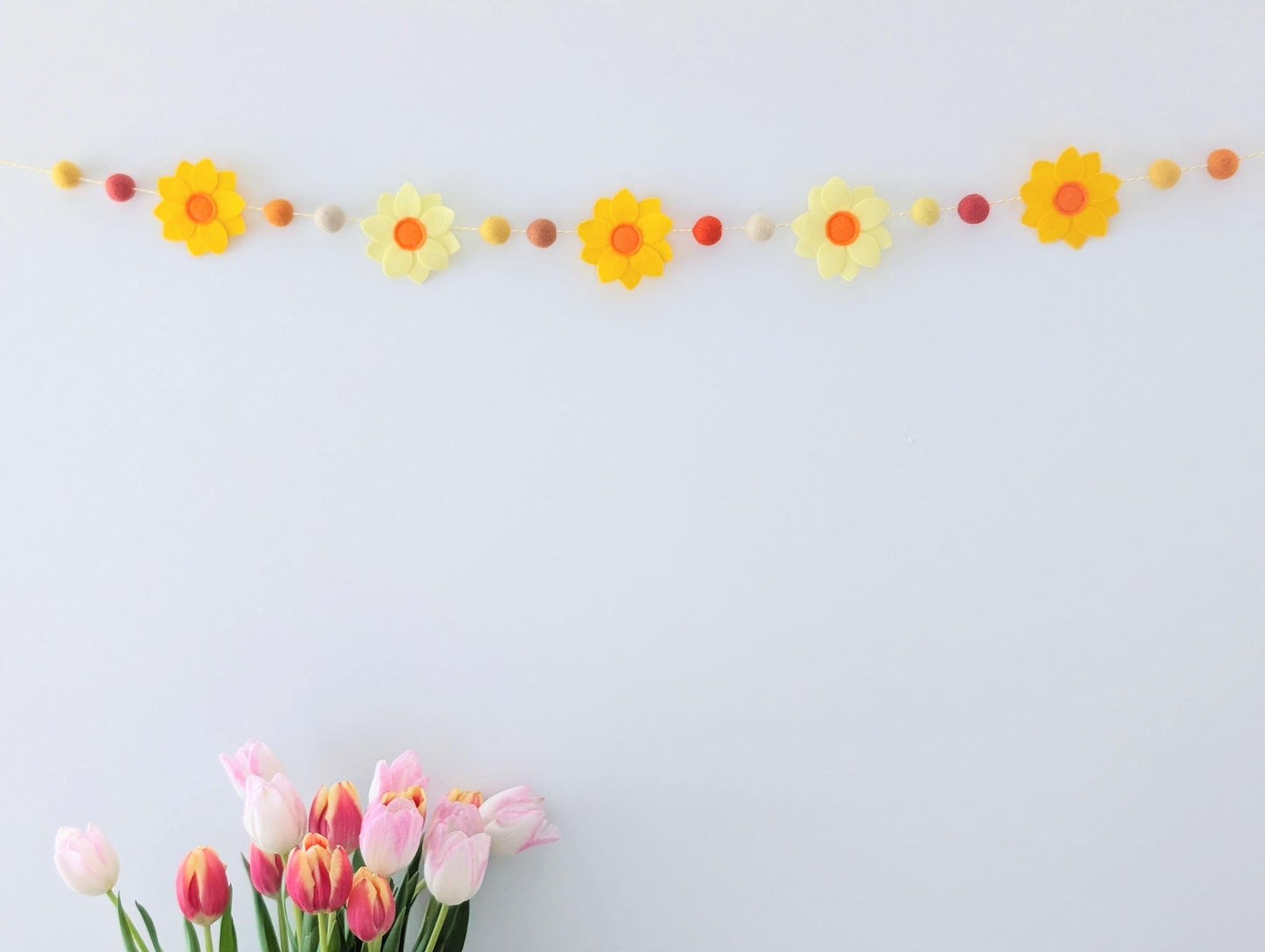 Yellow daffodil and felt ball garland: floral spring or Easter bunting