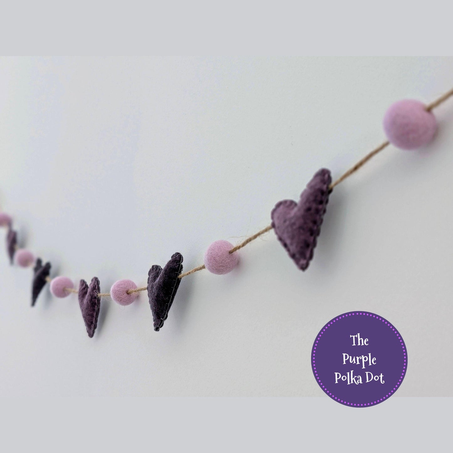 Felt heart garland, purple mini bunting, felt ball garland, hanging heart decoration, wedding photo prop, cottagecore hanging decoration
