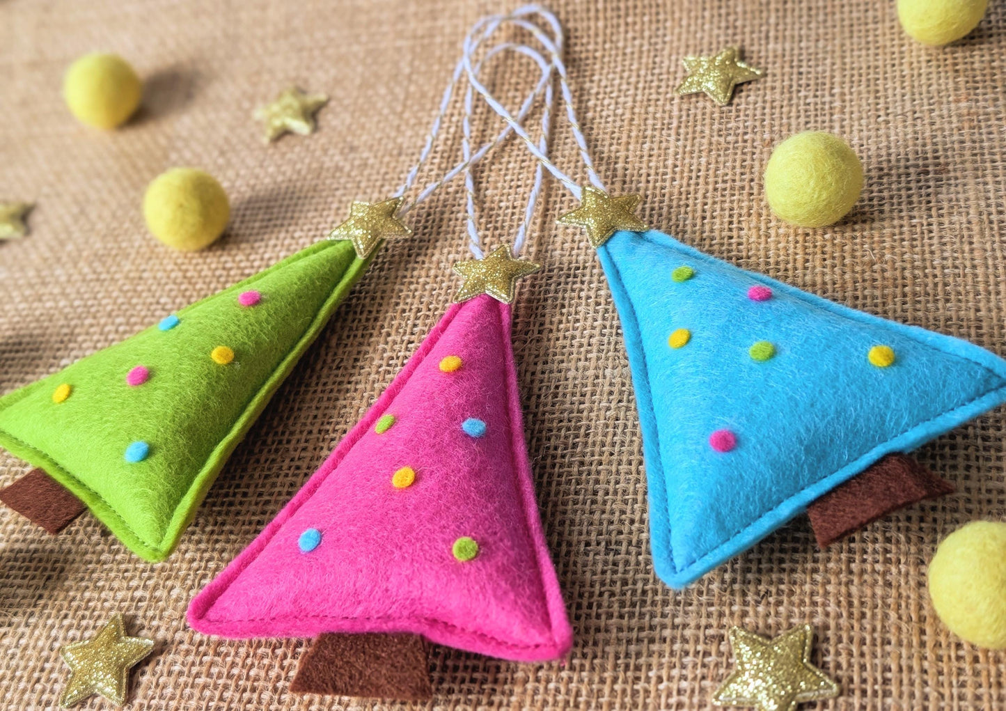 Felt Christmas Tree Hanging Decorations: Pink, green and turquoise