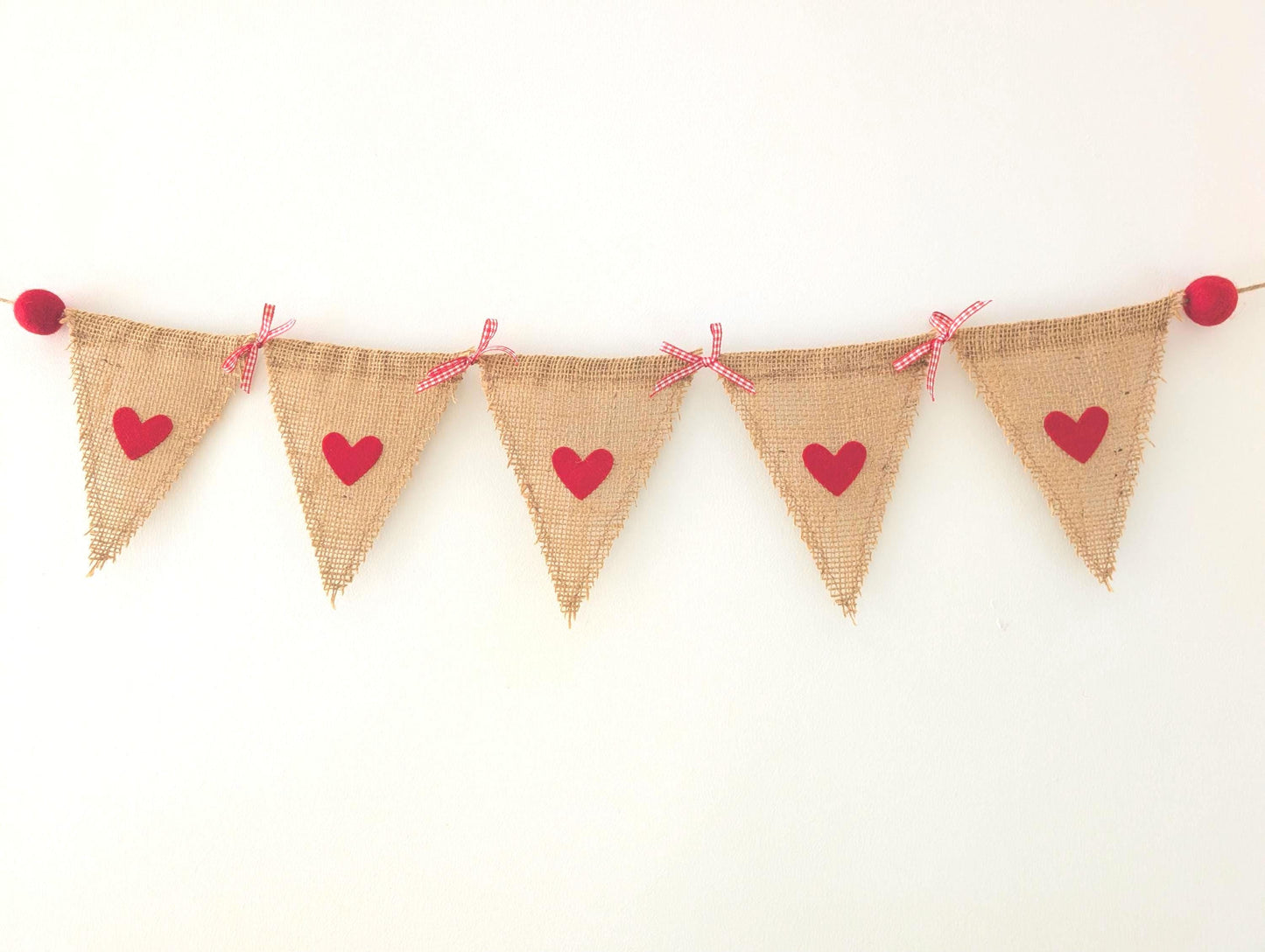 Hessian bunting with felt hearts, felt balls and bows: rustic burlap banner in red
