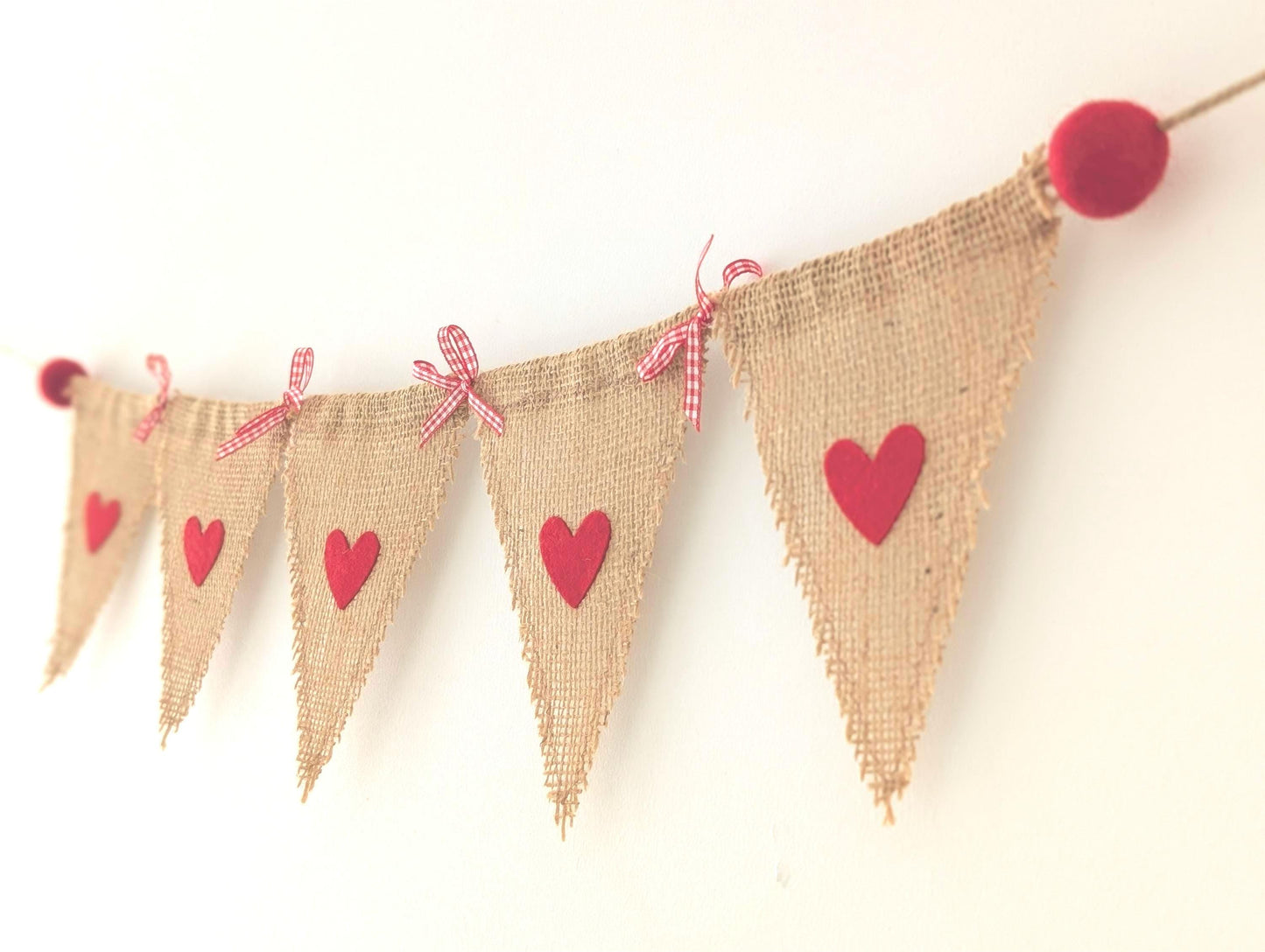 Hessian bunting with felt hearts, felt balls and bows: rustic burlap banner in red