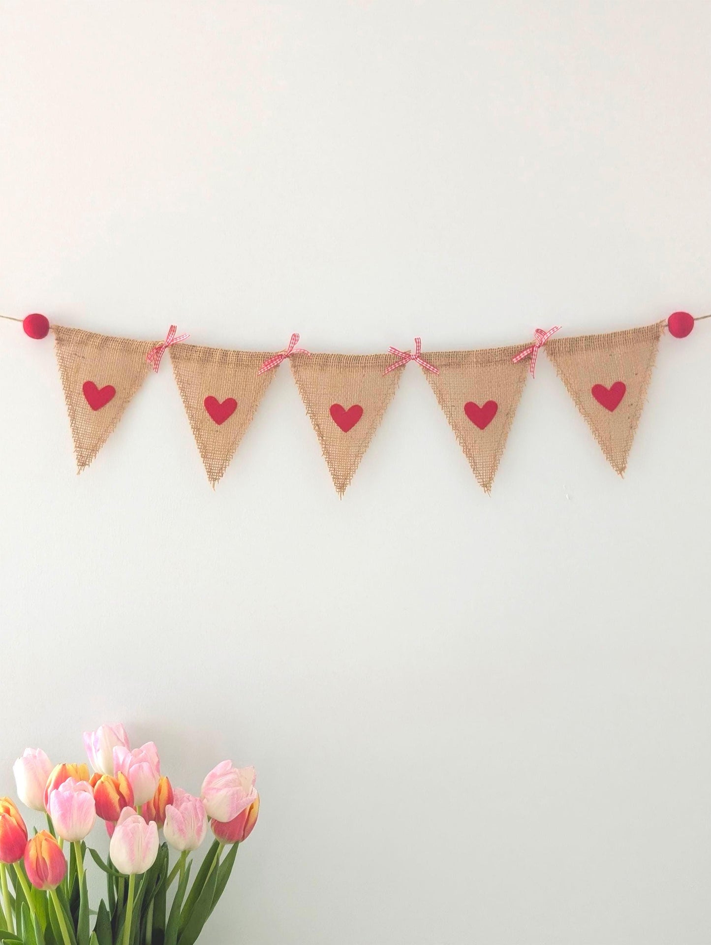 Hessian bunting with felt hearts, felt balls and bows: rustic burlap banner in red