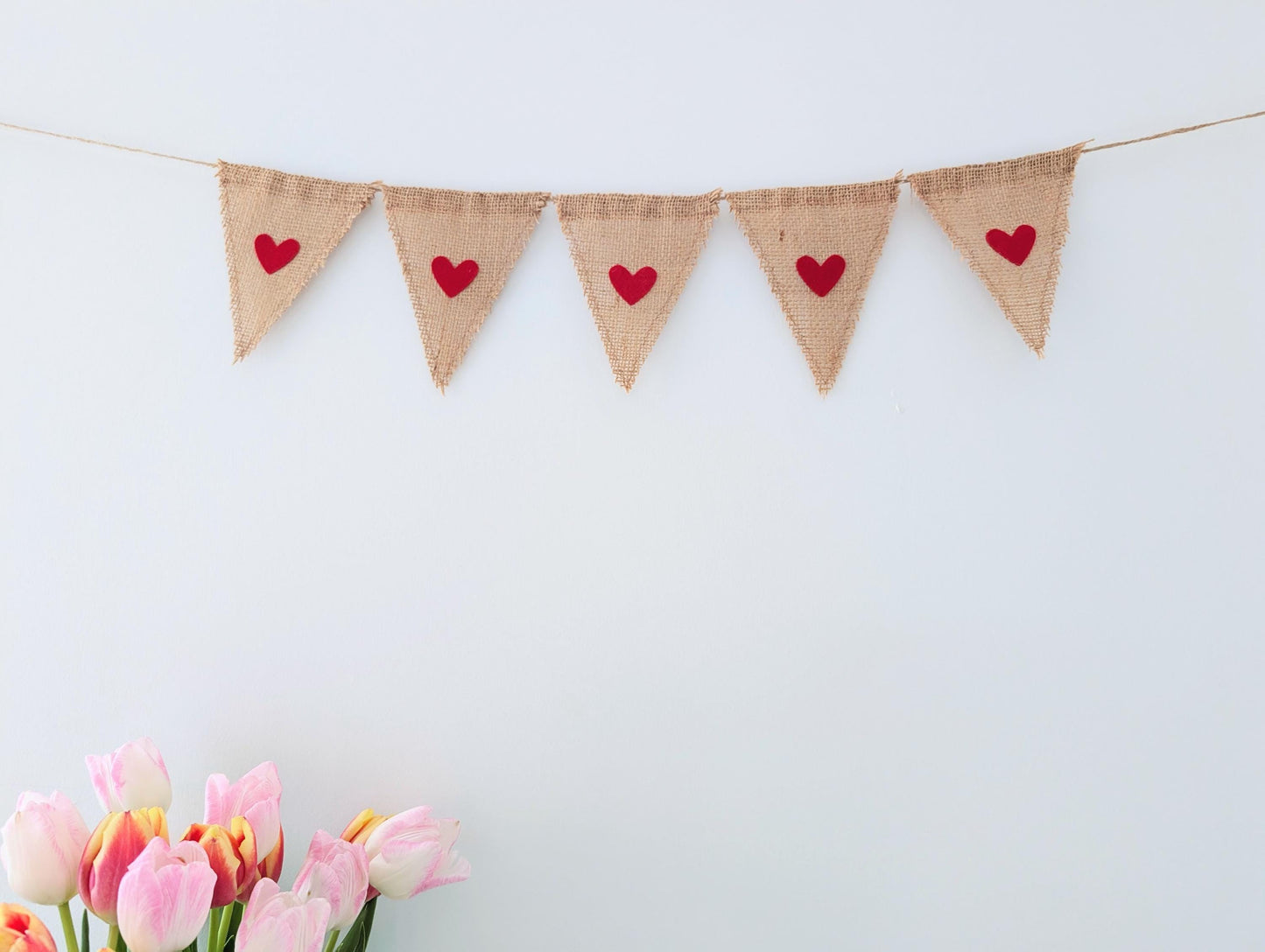Hessian bunting with felt hearts: rustic burlap banner