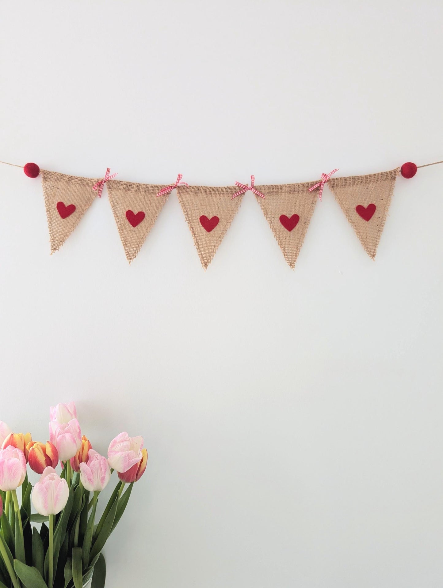 Hessian bunting with felt hearts, felt balls and bows: rustic burlap banner in red